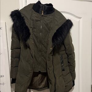 Express Dark Green Puffer Jacket with Black Faux Fur